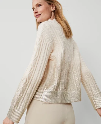 Ann Taylor Foil Cable Mock Neck Sweater Ivory Whisper Women's