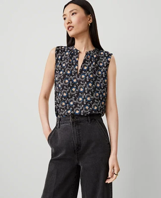 Ann Taylor Floral Keyhole Popover Top Black B Women's