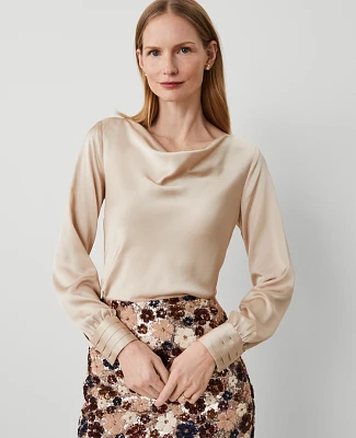 Ann Taylor Satin Cowl Neck Blouse Toasted Oat Women's