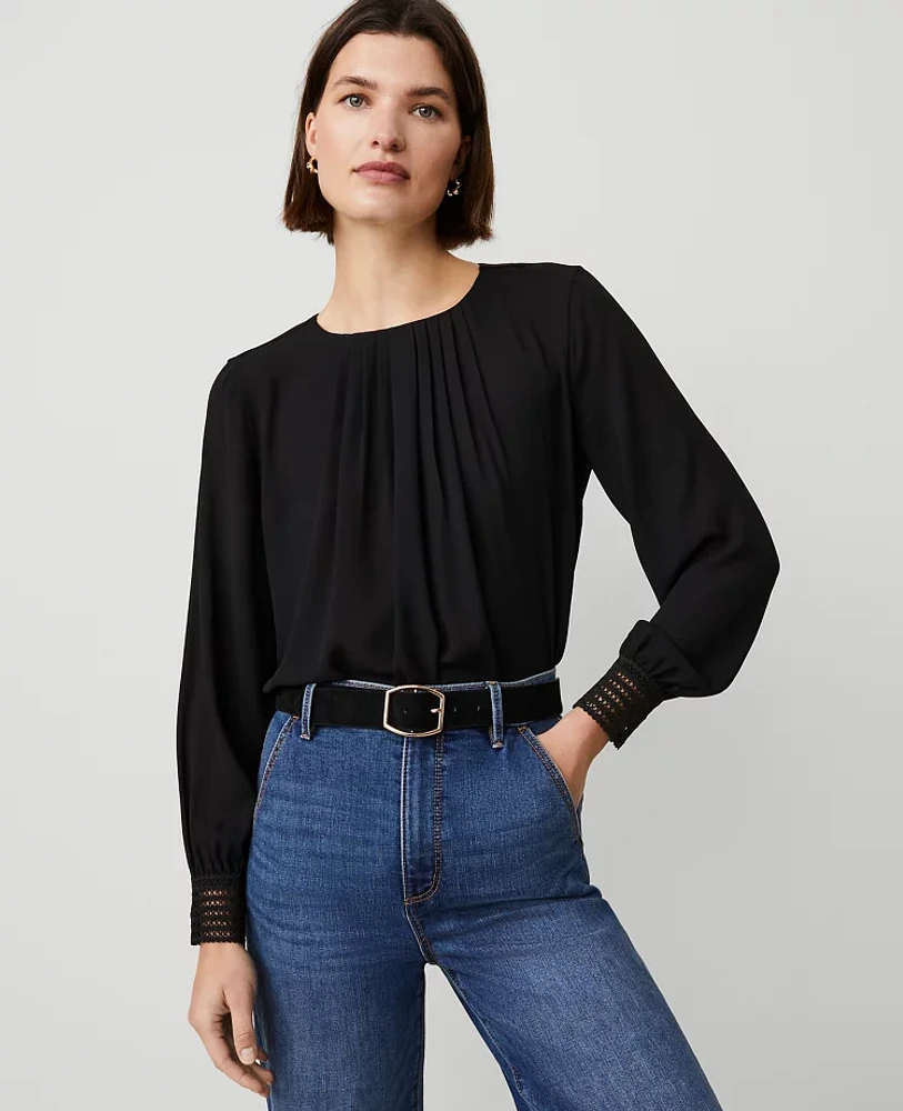 Ann Taylor Petite Pleat Neck Lace Cuff Top Black Women's