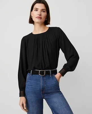 Ann Taylor Petite Pleat Neck Lace Cuff Top Black Women's