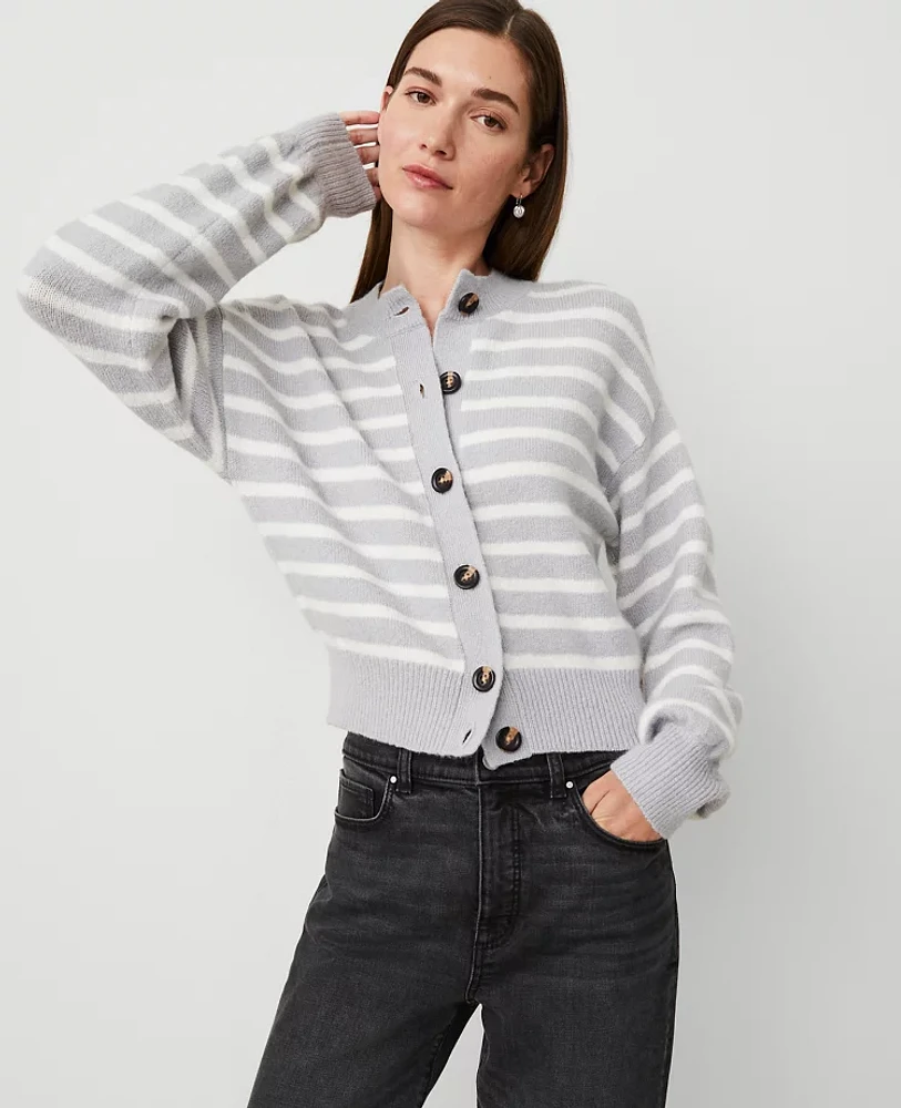 Ann Taylor Striped Drop Shoulder Cardigan Grey/White Combo Women's