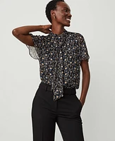 Ann Taylor Petite Floral Metallic Clip Bow Blouse Black B Women's