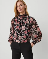 Ann Taylor Floral Shirred Banded Hem Popover Top Black Women's