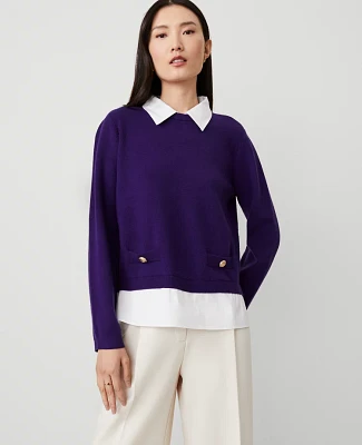 Ann Taylor Collared Mixed Media Sweater Midnight Mulberry Women's