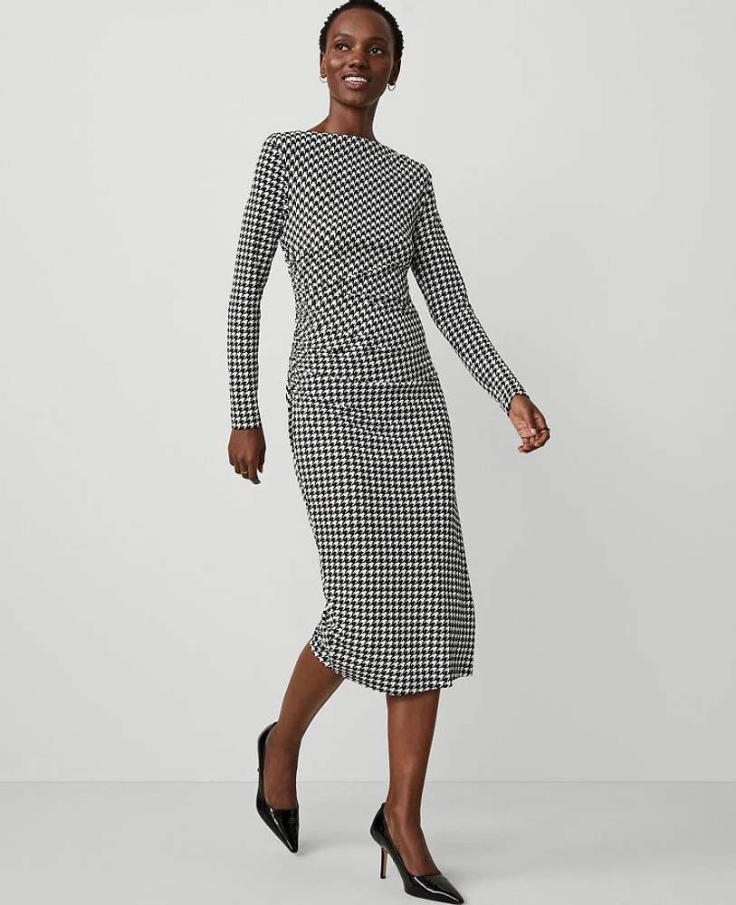 Ann Taylor Petite Houndstooth Gathered Waist Column Sheath Dress Size 2XS Black Women's