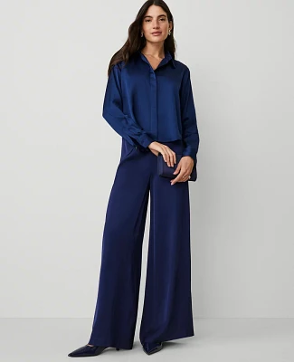 Ann Taylor The Dramatic Wide-Leg Satin Pant Dark Deep Ocean Women's