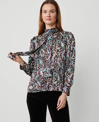 Ann Taylor Petite Paisley Mock Tie Neck Puff Sleeve Top Black Women's