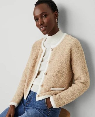 Ann Taylor Petite Boucle Contrast Trim Sweater Jacket Camel/White Combo Women's