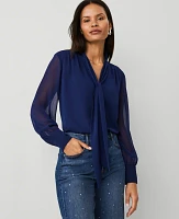 Ann Taylor V-Neck Bow Blouse Dark Deep Ocean Women's