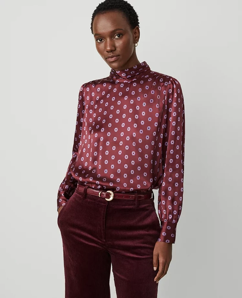 Ann Taylor Studio Collection Silk Tile Print Mock Neck Wild Cherry Women's