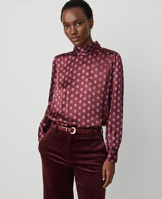 Ann Taylor Studio Collection Silk Tile Print Mock Neck Wild Cherry Women's