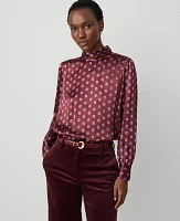 Ann Taylor Studio Collection Silk Tile Print Mock Neck Size Medium Wild Cherry Women's