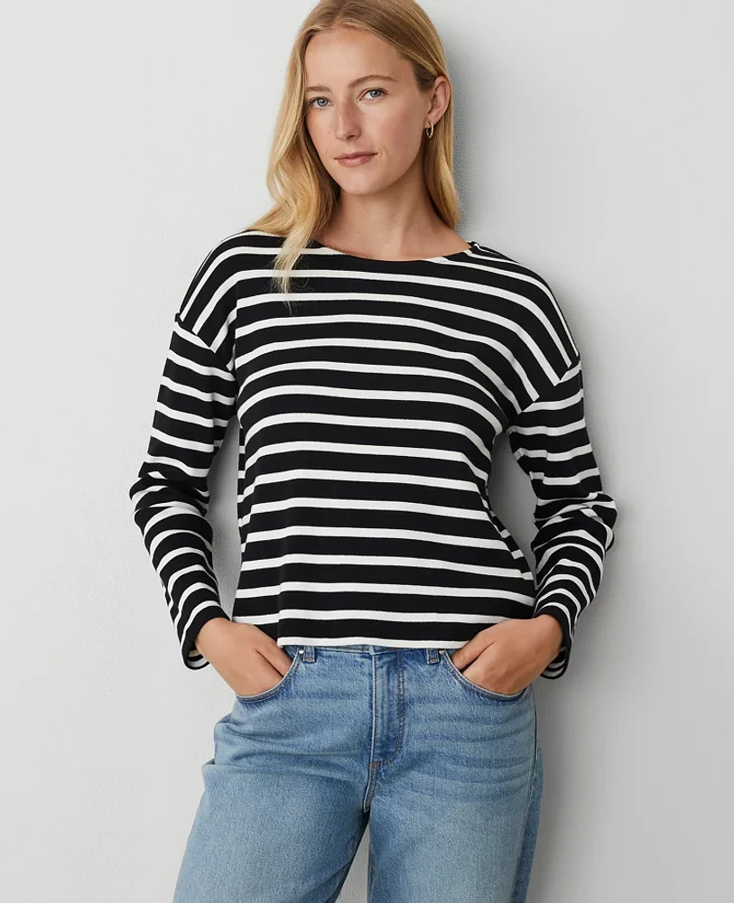 Ann Taylor Petite Relaxed Sleeve Crew Neck Top Black-Winter White Women's