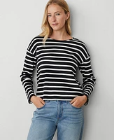 Ann Taylor AT Weekend Relaxed Sleeve Crew Neck Top Black-Winter White Women's