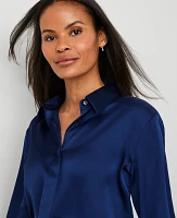 Ann Taylor Satin Button Down Shirt Dark Deep Ocean Women's