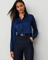 Ann Taylor Satin Button Down Shirt Dark Deep Ocean Women's