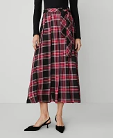 Ann Taylor Petite Plaid Tie-Waist Pleated Midi Skirt Black Women's