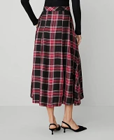 Ann Taylor Petite Plaid Tie-Waist Pleated Midi Skirt Black Women's