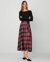 Ann Taylor Petite Plaid Tie-Waist Pleated Midi Skirt Black Women's