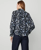 Ann Taylor Floral Collared Shirred Yoke Button Down Shirt Black Women's