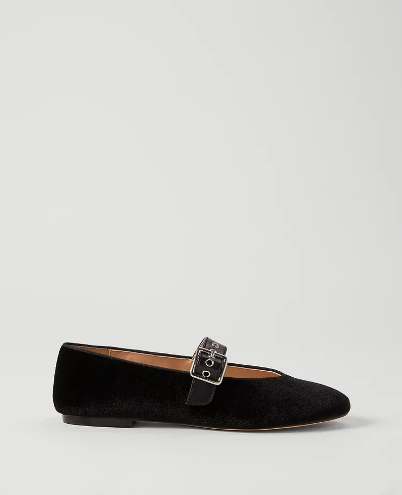 Ann Taylor Buckle Mary Jane Velvet Flat Black Women's