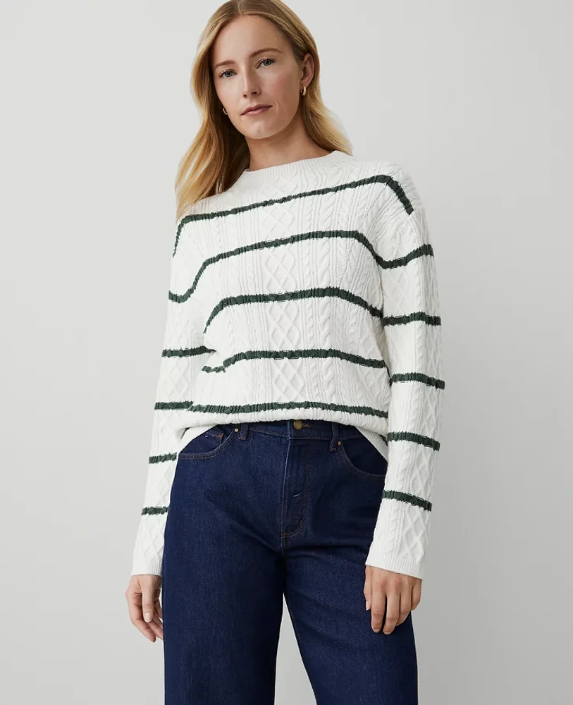 Ann Taylor Striped Mixed Cable Sweater White Multi Women's