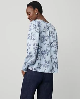 Ann Taylor Toile Smocked Ruffle Blouse Freesia Blue Women's