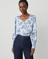 Ann Taylor Toile Smocked Ruffle Blouse Freesia Blue Women's