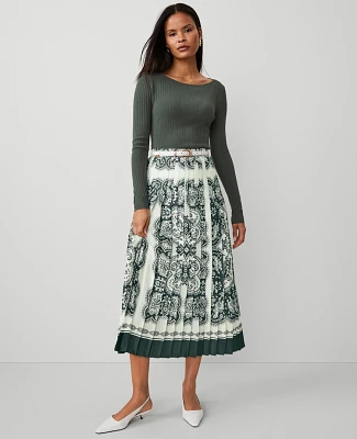 Ann Taylor Paisley Satin Pleated Midi Skirt Dried Cilantro Women's