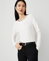 Ann Taylor Petite Jeweled-Neck Top Winter White Women's