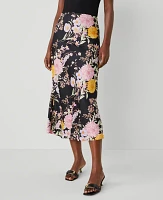 Ann Taylor Floral Satin Bias Midi Slip Skirt Black B Women's