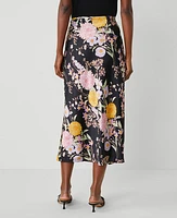 Ann Taylor Floral Satin Bias Midi Slip Skirt Black B Women's