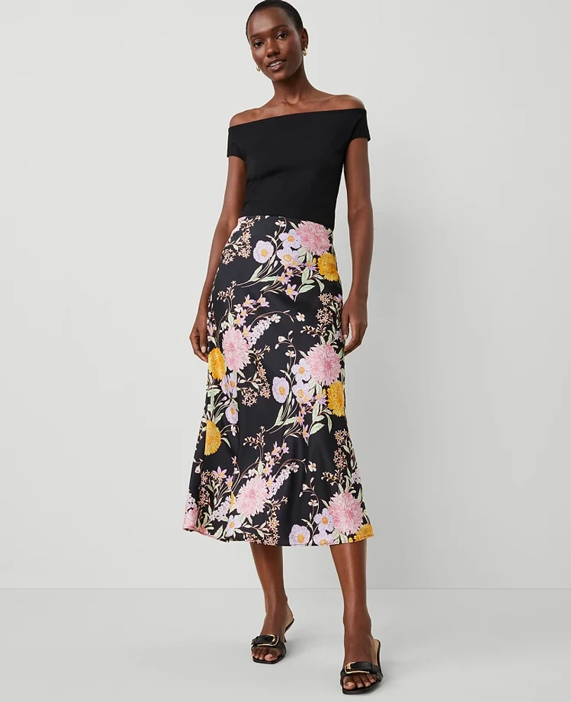 Ann Taylor Floral Satin Bias Midi Slip Skirt Black B Women's