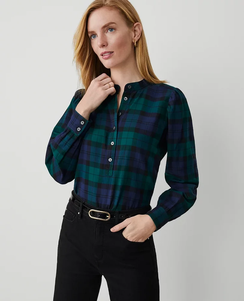 Ann Taylor Petite Tartan Half-Placket Button Top Rainforest Women's