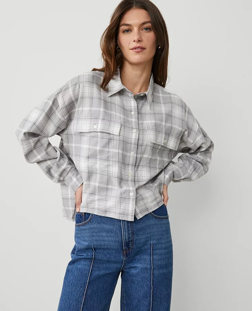 Ann Taylor Plaid Oversized Cropped Pocket Shirt Night Sky Women's