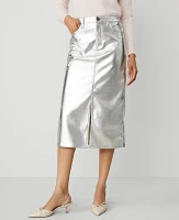 Ann Taylor Petite Metallic Faux-Leather Column Midi Skirt Silver Women's