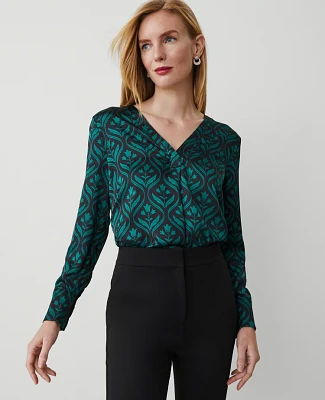 Ann Taylor Geo Shine Woven Pleat-Front Top Jewel Green Women's