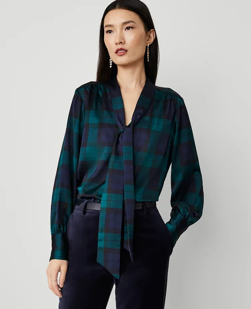 Ann Taylor Tartan Tie Neck Blouse Size XL Rainforest Women's