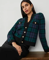 Ann Taylor Petite Plaid Jacquard V-Neck Cardigan Rainforest Women's