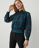 Ann Taylor Tartan Shirred Mock Neck Popover Top Rainforest Women's