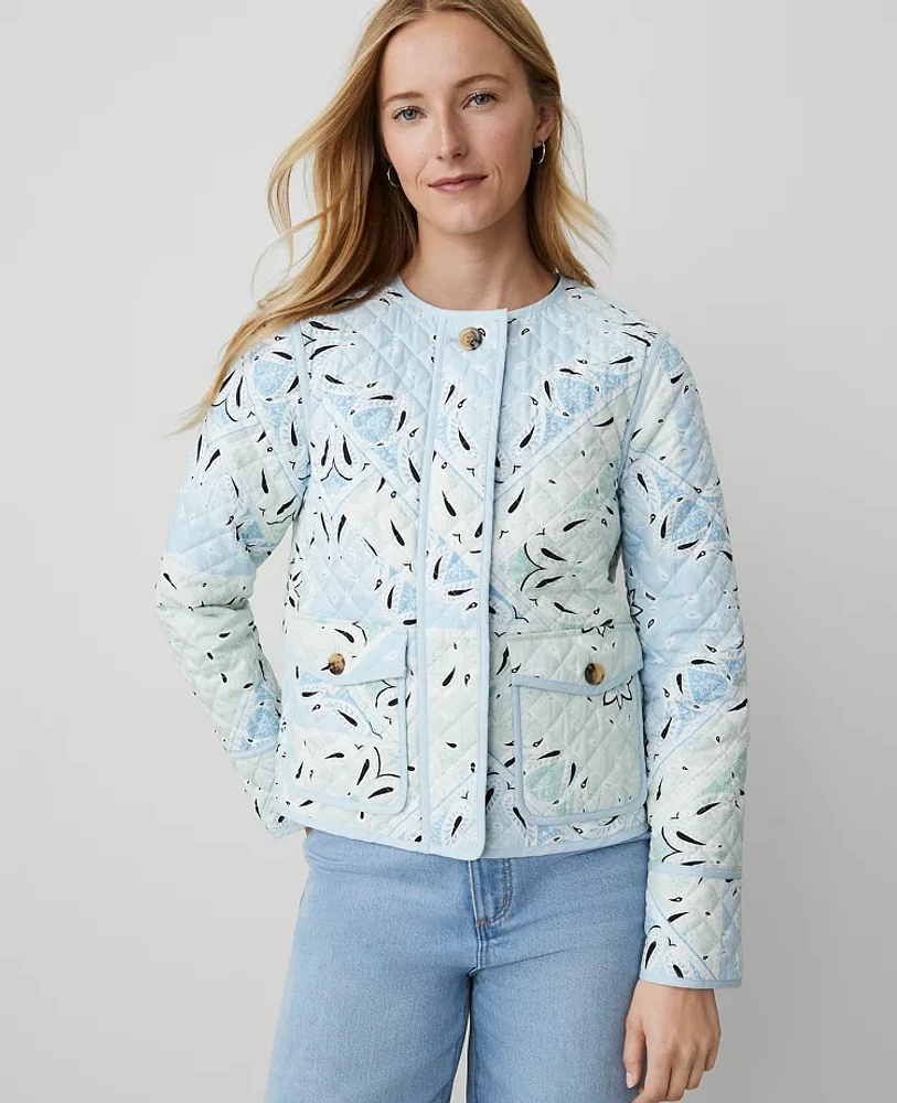 Ann Taylor Weekend Collection Paisley Quilted Jacket Pristine Blue Women's