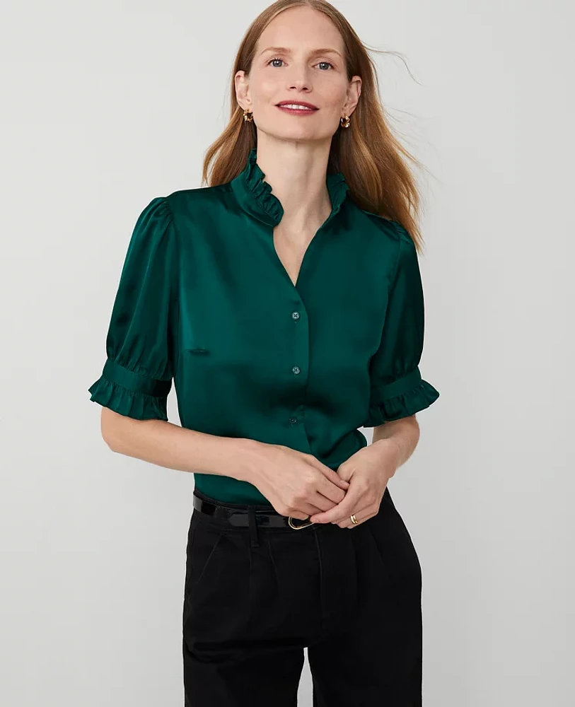 Ann Taylor Ruffle Collar Blouse Rainforest Women's