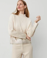 Ann Taylor Petite Foil Cable Mock Neck Sweater Ivory Whisper Women's