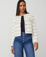 Ann Taylor Petite Striped Tweed Crew Neck Jacket Winter White Women's