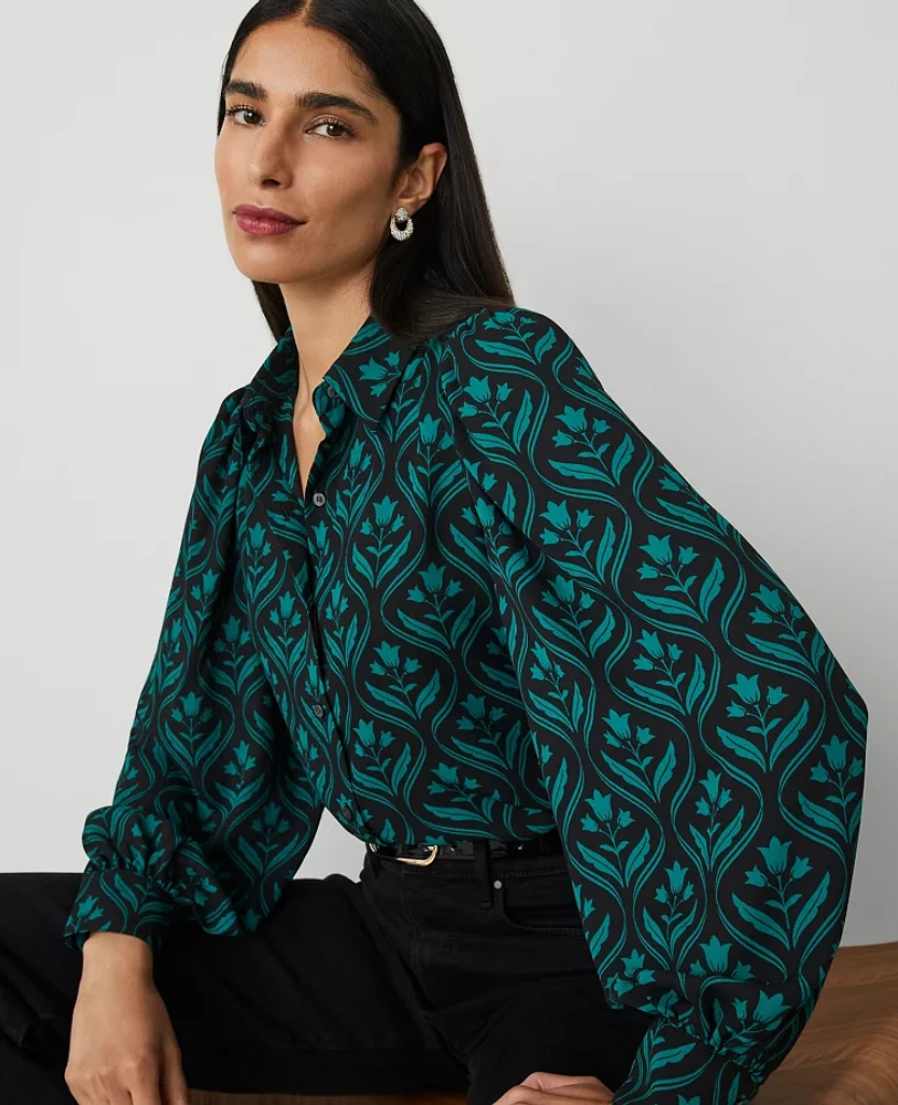 Ann Taylor Petite Geo Voluminous Collared Shirt Jewel Green Women's