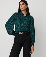 Ann Taylor Petite Geo Voluminous Collared Shirt Jewel Green Women's