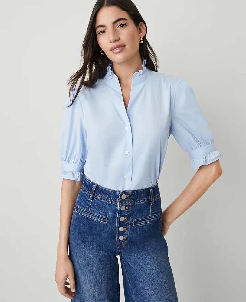 Ann Taylor Petite Ruffle Collar Shirt Blue Quartz Women's