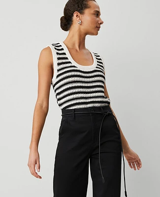 Ann Taylor Weekend Collection Striped Open-Stitch Sweater Shell Top Black/White Combo Women's