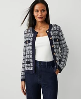 Ann Taylor Shimmer Plaid Cardigan Navy/White Women's